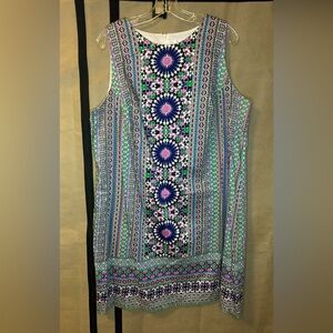 London Times Womens 16W Preppy Coastal Pink Green Purple‎ White Print Dress